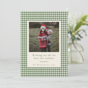 Rustic Green Gingham Plaid Two Photo Vertical Holiday Card