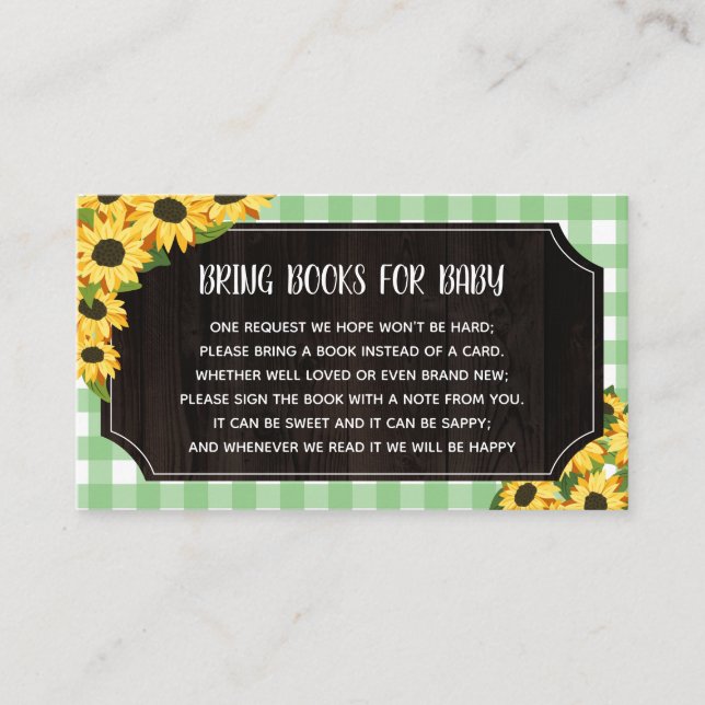 Rustic Green Gingham & Sunflowers Books For Baby Enclosure Card (Front)