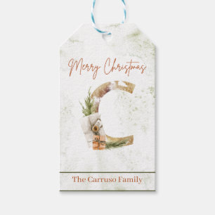 Rustic Green & Gold Christmas Monogram Watercolor Gift Tags