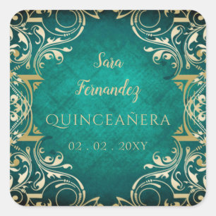 Rustic Green Gold Elegant Quinceanera  Square Sticker
