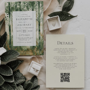 Rustic Green Gold Woodland QR Code Wedding Invitation