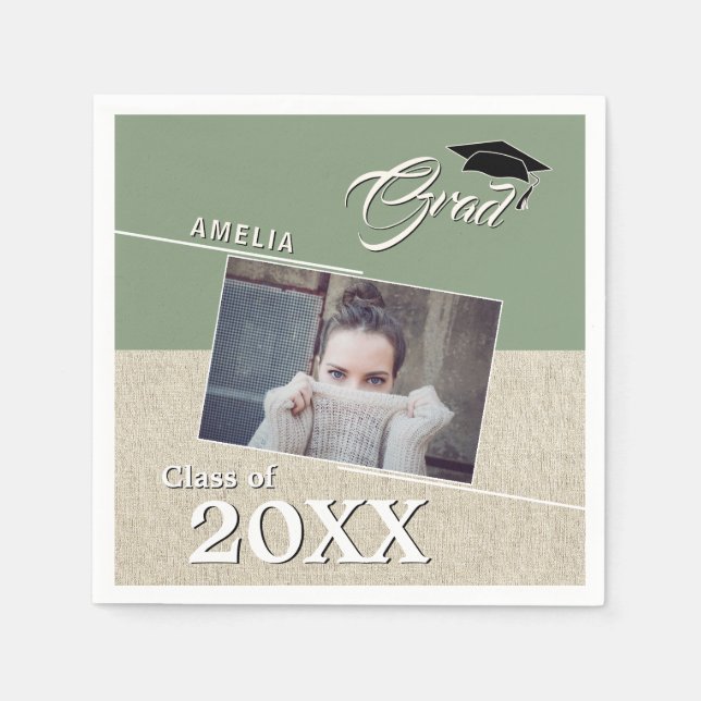 Rustic Green Graduate Photo Graduation Party Napkin (Front)