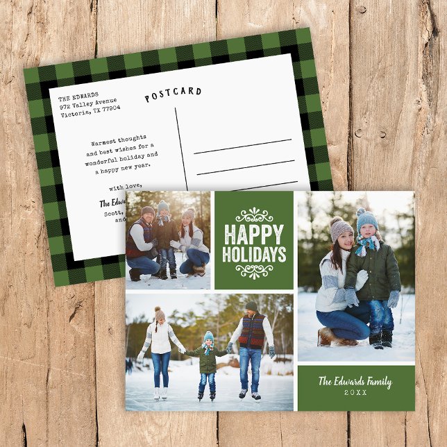 Rustic Green Happy Holidays 3 Photo Collage Holiday Postcard (Creator Uploaded)