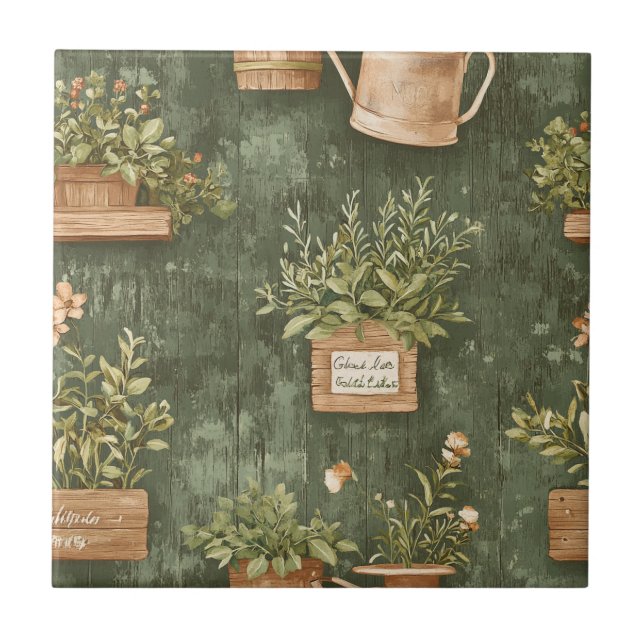 Rustic Green Herbs Vintage Cottage Ceramic Tile (Front)