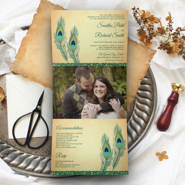 Rustic Green Indian Peacock Feathers Wedding Tri-Fold Invitation (Creator Uploaded)
