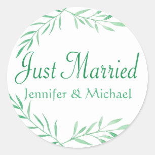 Rustic Green Just Married Watercolor Leaves, Ferns Classic Round Sticker