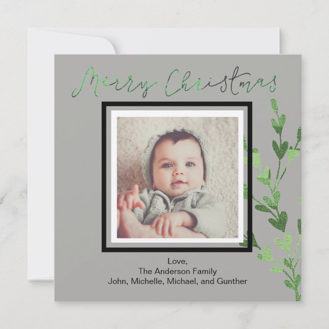 Rustic Green Leaf Photo Merry Christmas Holiday Card (Front)