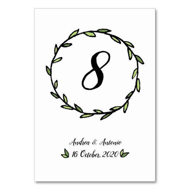 Rustic Green Leafy Wreath Wedding Table Number (Front)