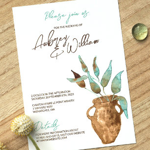 Rustic Green Leaves, Clay Pot Wedding Invitations