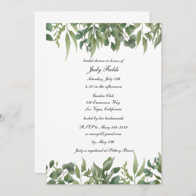 Rustic Green Leaves Greenery Foliage Bridal Shower Invitation (Front/Back)