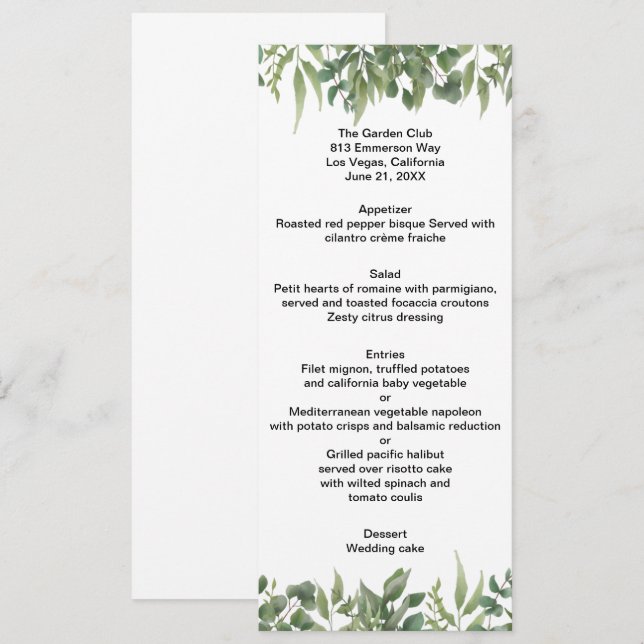 Rustic Green Leaves Greenery Foliage Wedding Menu (Front/Back)