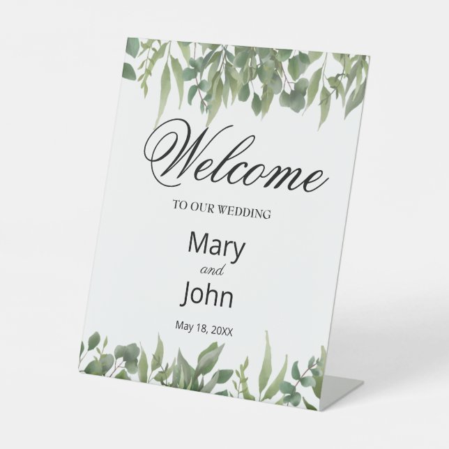 Rustic Green Leaves Greenery Foliage Wedding Pedestal Sign (Front)