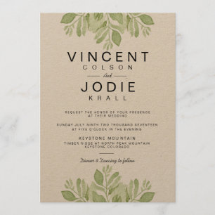Rustic Green Leaves   Watercolor Wedding Invite