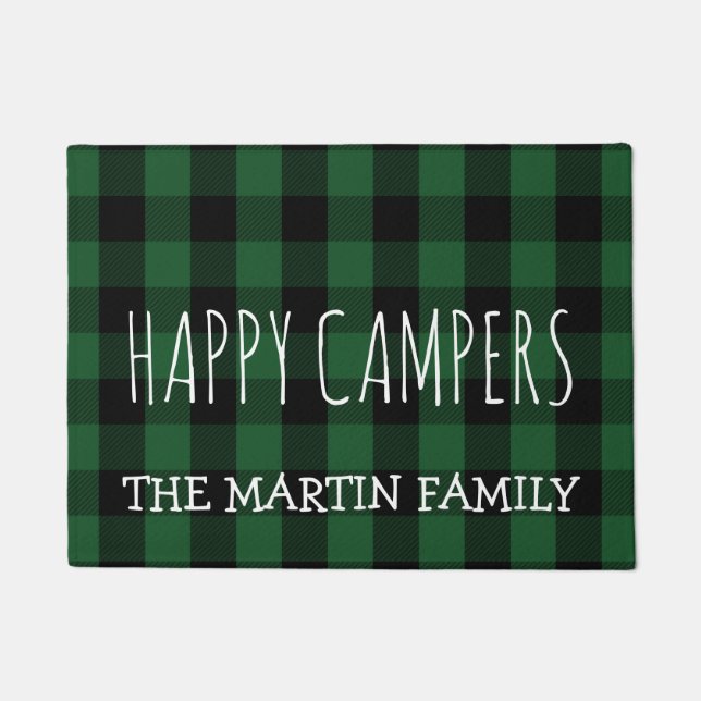 Rustic Green Lumberjack Plaid |  Happy Campers Doormat (Front)