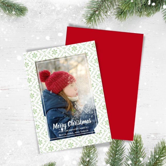 Rustic Green Merry Christmas One Photo Holiday Card (Merry Christmas photo card with green snowflake pattern,)