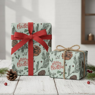 Rustic Green Merry Christmas Pinecone Holly Berry Wrapping Paper