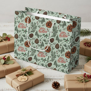 Rustic Green Merry Christmas Pinecones Holly Berry Large Gift Bag