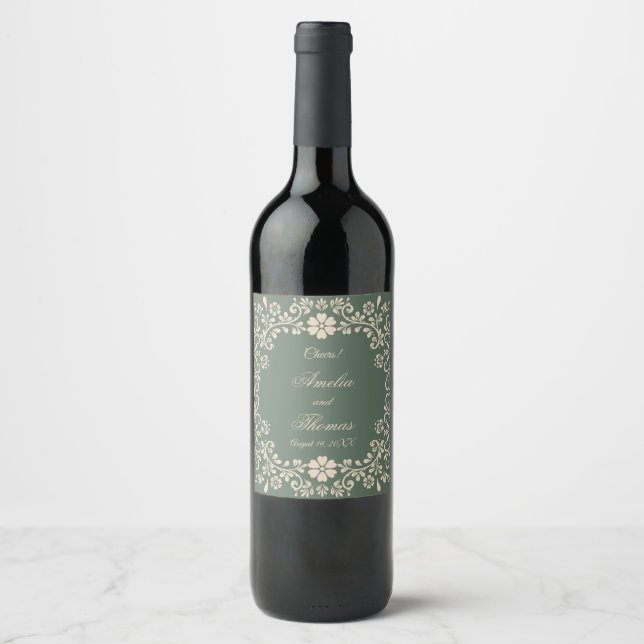 Rustic Green Mexican Art Flowers Wedding  Wine Label (Front)