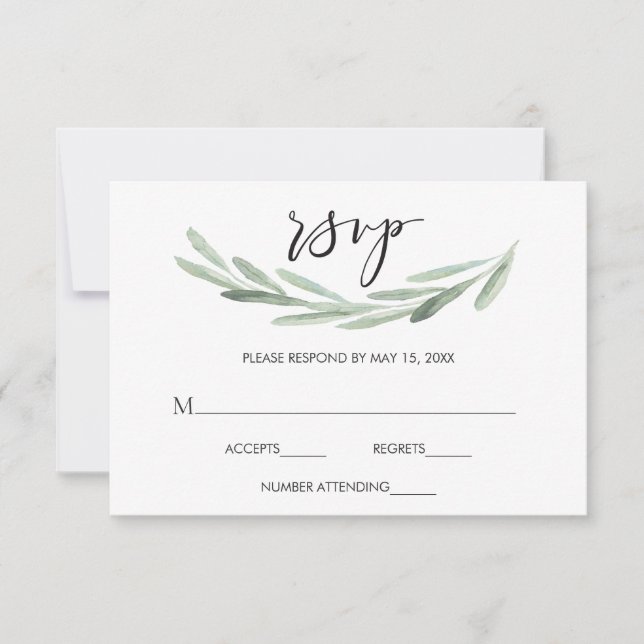Rustic Green Olive Branch Simple Wedding RSVP (Front)