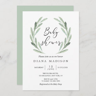 Rustic Green Olive Branch Wreath Baby Shower Invitation