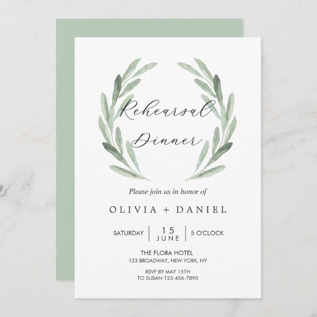 Rustic Green Olive Branch Wreath Rehearsal Dinner Invitation (Front/Back)