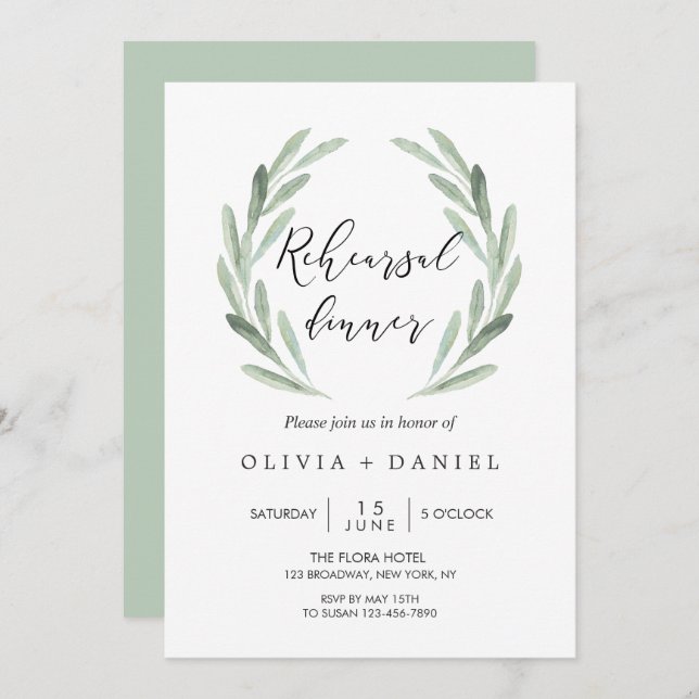 Rustic Green Olive Branch Wreath Rehearsal Dinner Invitation (Front/Back)