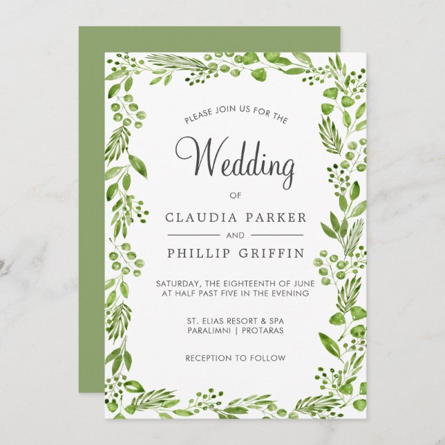 Rustic Green Olive Leaf Frame Wedding Invitation (Front/Back)