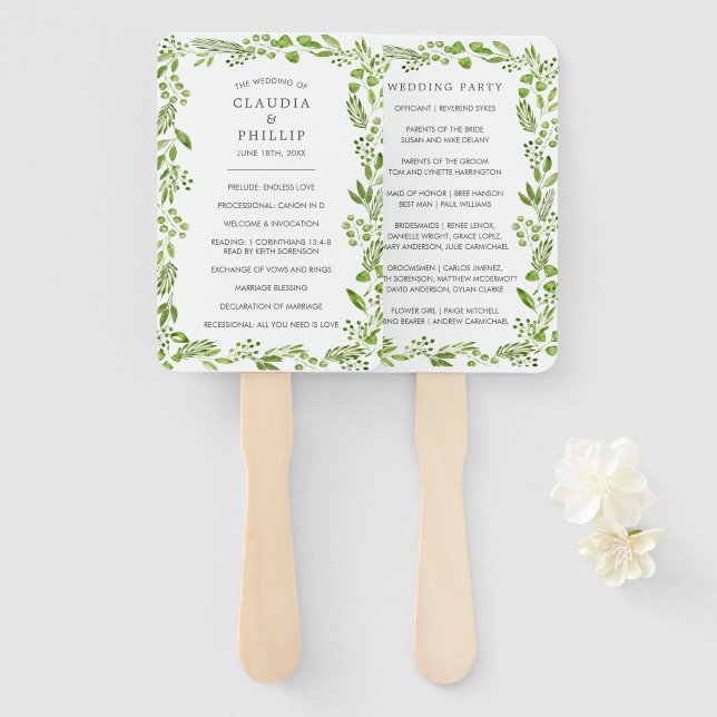 Rustic Green Olive Leaf Frame Wedding Program Hand Fan (Front and Back)
