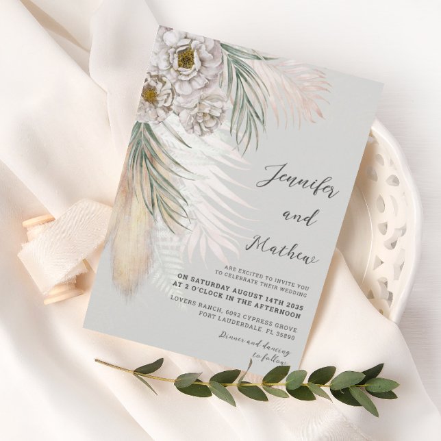 Rustic Green Pampas Grass & White Floral Wedding  Invitation (Creator Uploaded)