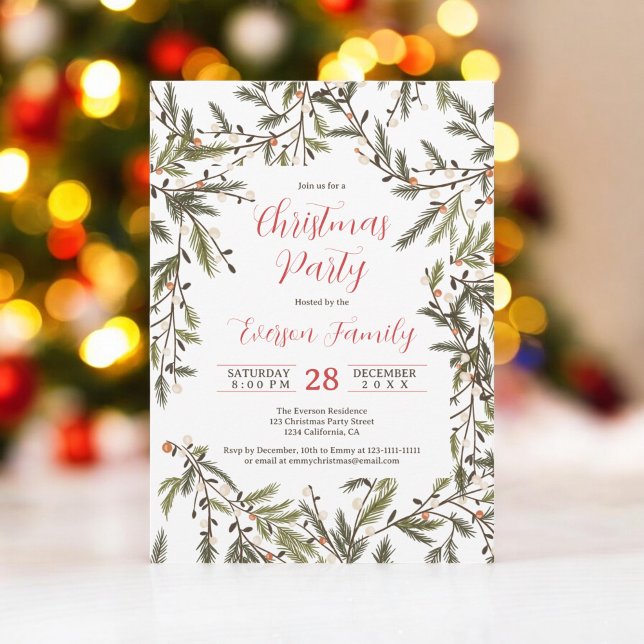 Rustic Green Pine Branches Elegant Christmas Party Invitation (Rustic Green Pine Branches Elegant Christmas Party Invitation on white)