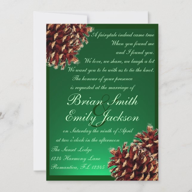 Rustic green pine cone custom wedding invitations (Front)