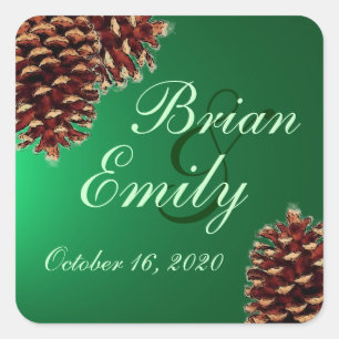 Rustic green pine cone custom wedding labels