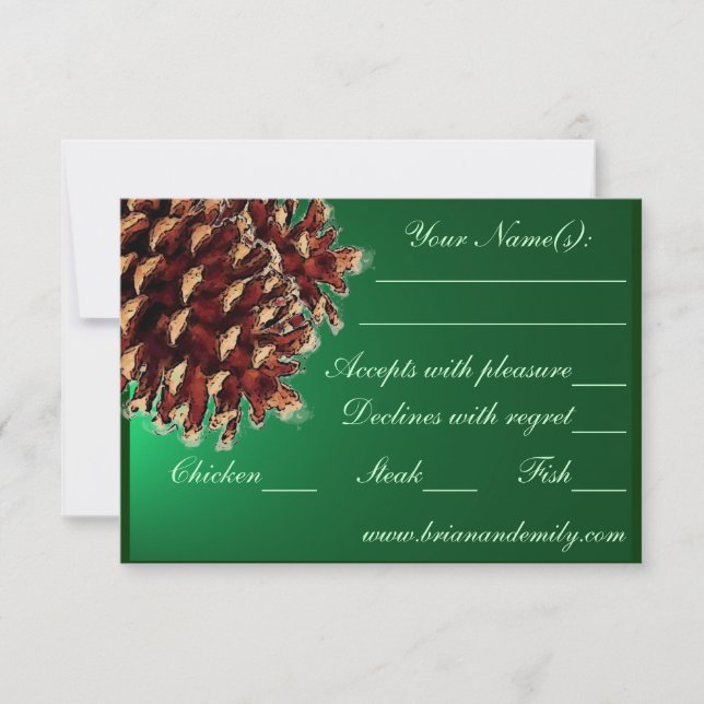 Rustic green pine cone RSVP wedding cards (Front)