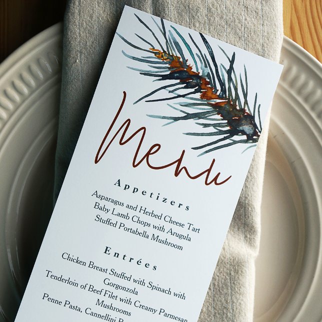 Rustic Green Pine Needles Reception Dinner Menu  Invitation (Watercolor Pine Needles on a Wedding Reception Dinner  Menu)