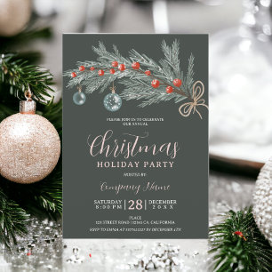 Rustic green pine red Christmas company corporate Invitation