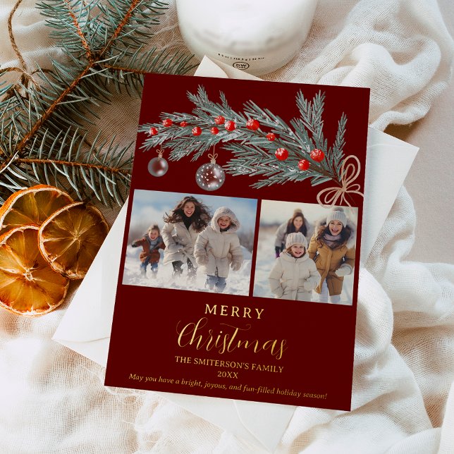 Rustic green pine red Merry Christmas 3 photos (Rustic green pine red Merry Christmas 3 photos Foil Holiday Card)