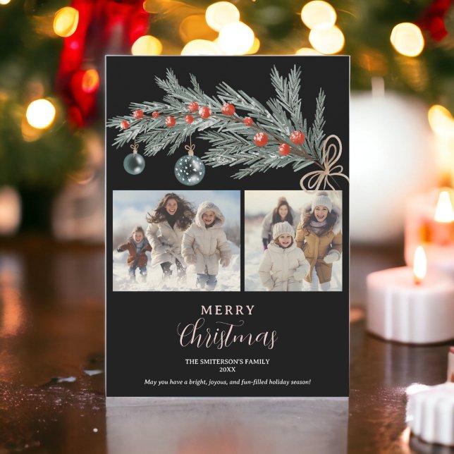 Rustic green pine red Merry Christmas 3 photos Holiday Card (Rustic green pine red Merry Christmas 3 photos Holiday Card on black)