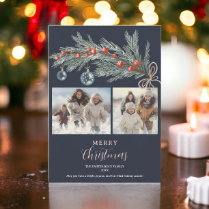 Rustic green pine red Merry Christmas 3 photos Holiday Card