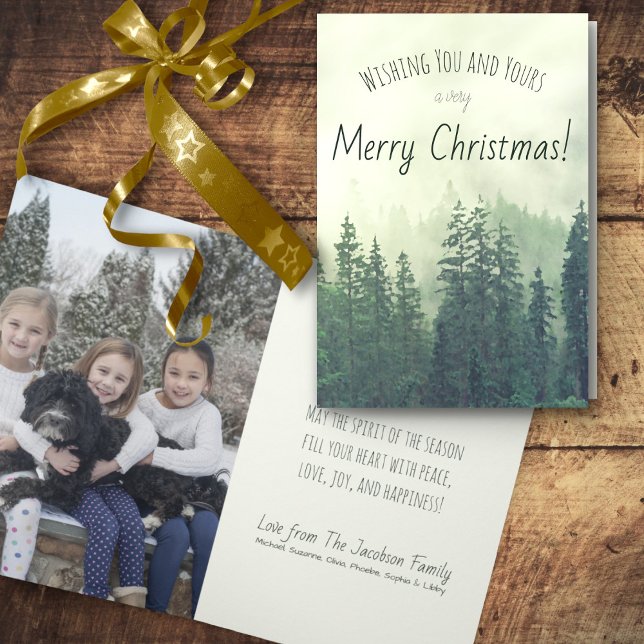 Rustic Green Pine Trees Merry Christmas Photo Holiday Card (In Situ Front/Inside)