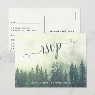 Rustic Green Pine Trees Outdoor Wedding RSVP Postcard