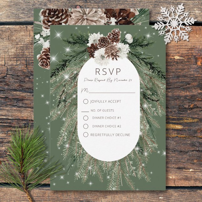 Rustic Green Pine Winter Sparkle Two Dinner RSVP Card (Rustic Green Pine Winter Sparkle Two Dinner Wedding RSVP Card)
