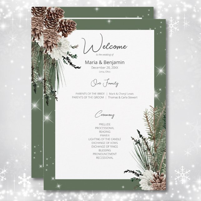 Rustic Green Pine Winter Sparkle Wedding Programme (Rustic Green Pine Winter Sparkle Wedding Program)