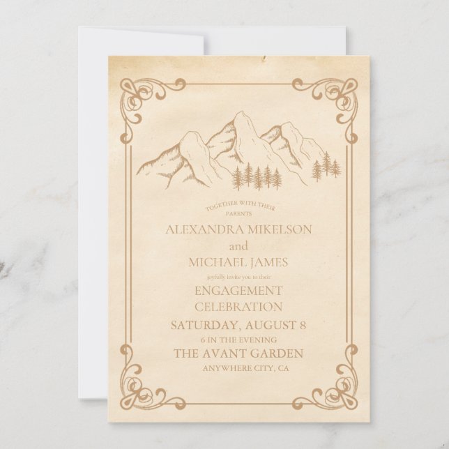 Rustic Green Pine Woods Mountain Sketch Engagement Invitation (Front)
