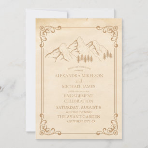 Rustic Green Pine Woods Mountain Sketch Engagement Invitation