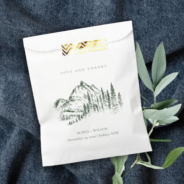 Rustic Green Pine Woods Mountain Sketch Wedding Favour Bags (Creator Uploaded)