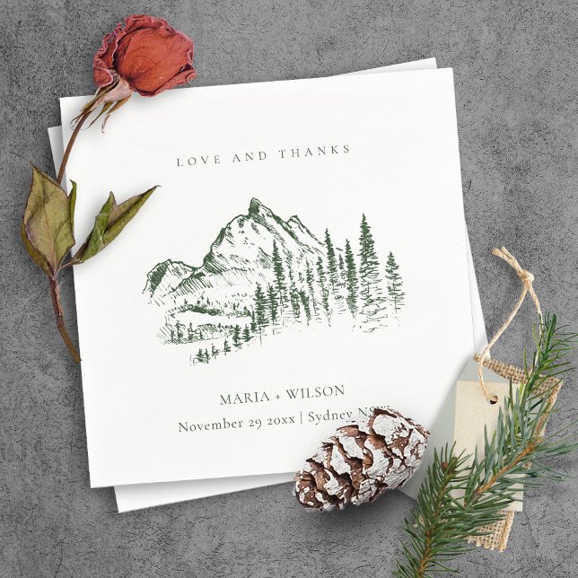 Rustic Green Pine Woods Mountain Sketch Wedding Napkin (Creator Uploaded)
