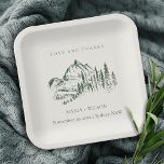 Rustic Green Pine Woods Mountain Sketch Wedding Paper Plate<br><div class="desc">For any further customisation or any other matching items,  please feel free to contact me at yellowfebstudio@gmail.com</div>