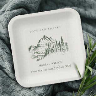 Rustic Green Pine Woods Mountain Sketch Wedding Paper Plate