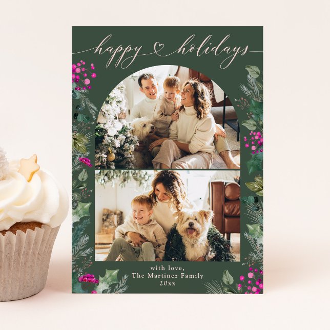 Rustic Green Pink Botanical Arch 2 Photo Holiday Card (Creator Uploaded)