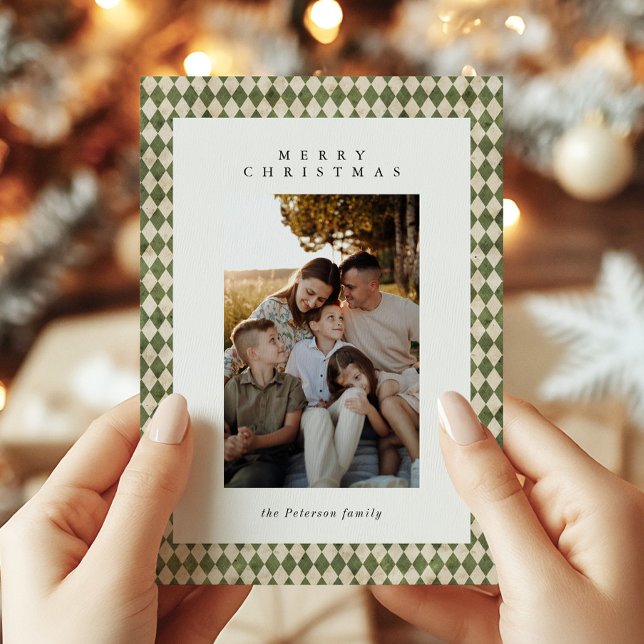 Rustic Green Plaid 1 Photo Merry Christmas Holiday Card (Creator Uploaded)